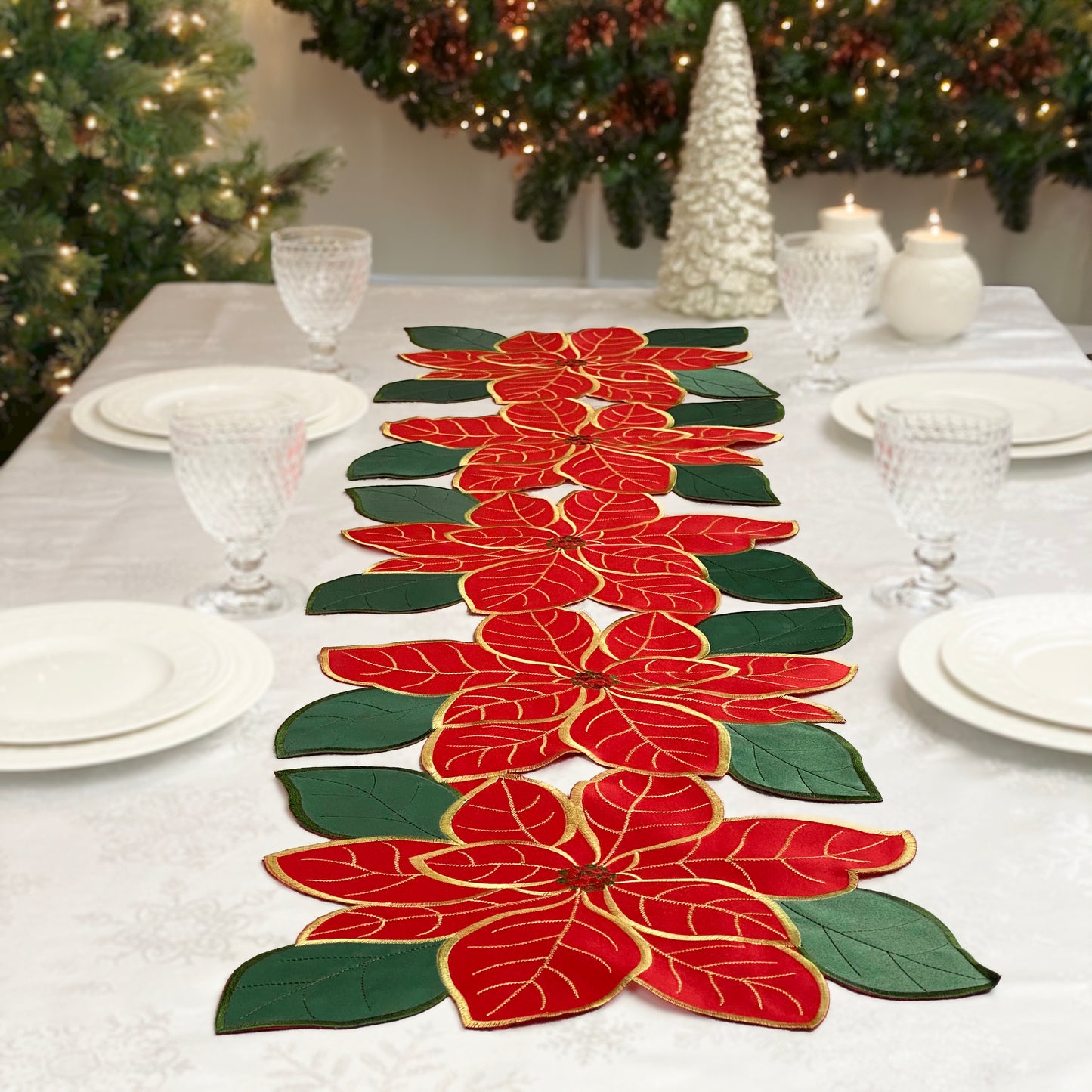 Christmas Poinsettia Embroidered Cutwork 54-Inch Table Runner, Festive Red and Golden Winter Holiday New Year Floral Centerpiece Decor