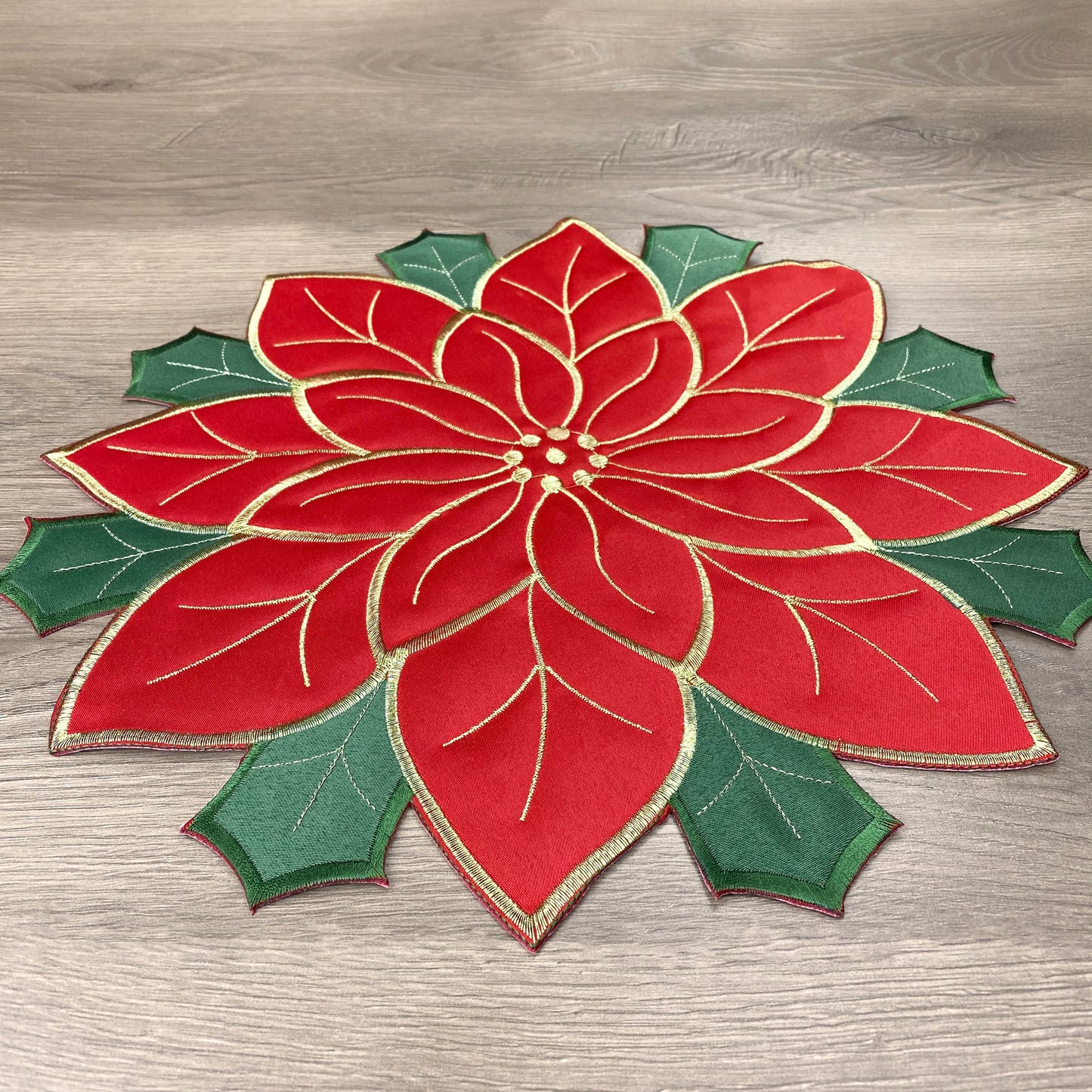 Set of 4 Christmas Poinsettia Embroidered Cutwork Round Placemats - Festive Red and Golden Winter Holiday New Year Floral Decor