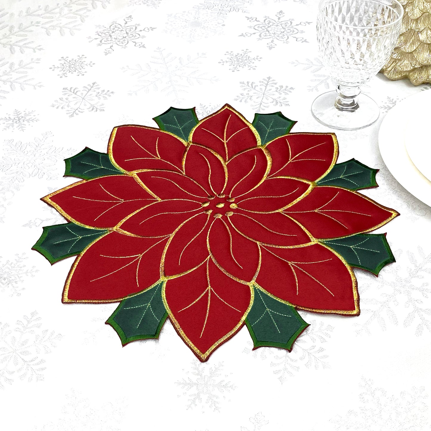 Set of 4 Christmas Poinsettia Embroidered Cutwork Round Placemats - Festive Red and Golden Winter Holiday New Year Floral Decor