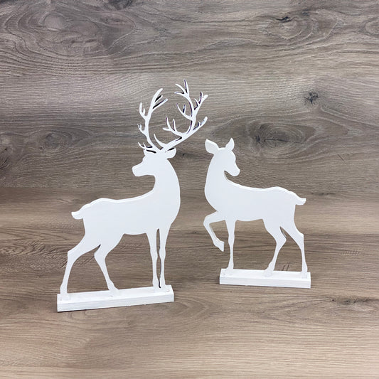 Wooden Reindeer Decor, Christmas Buck and Doe tabletop decor, White wood deer Christmas centerpiece decor, Winter season holiday decoration