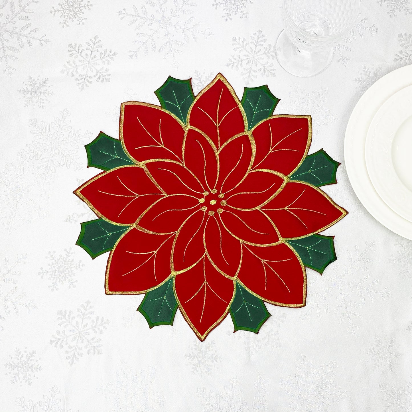 Set of 4 Christmas Poinsettia Embroidered Cutwork Round Placemats - Festive Red and Golden Winter Holiday New Year Floral Decor