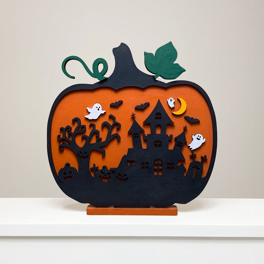 Halloween 3D Layered Haunted House Standing Pumpkin, Fall Holiday Scary Decor, Halloween Ghosts Bats tree Spooky Scene Table Top Decoration