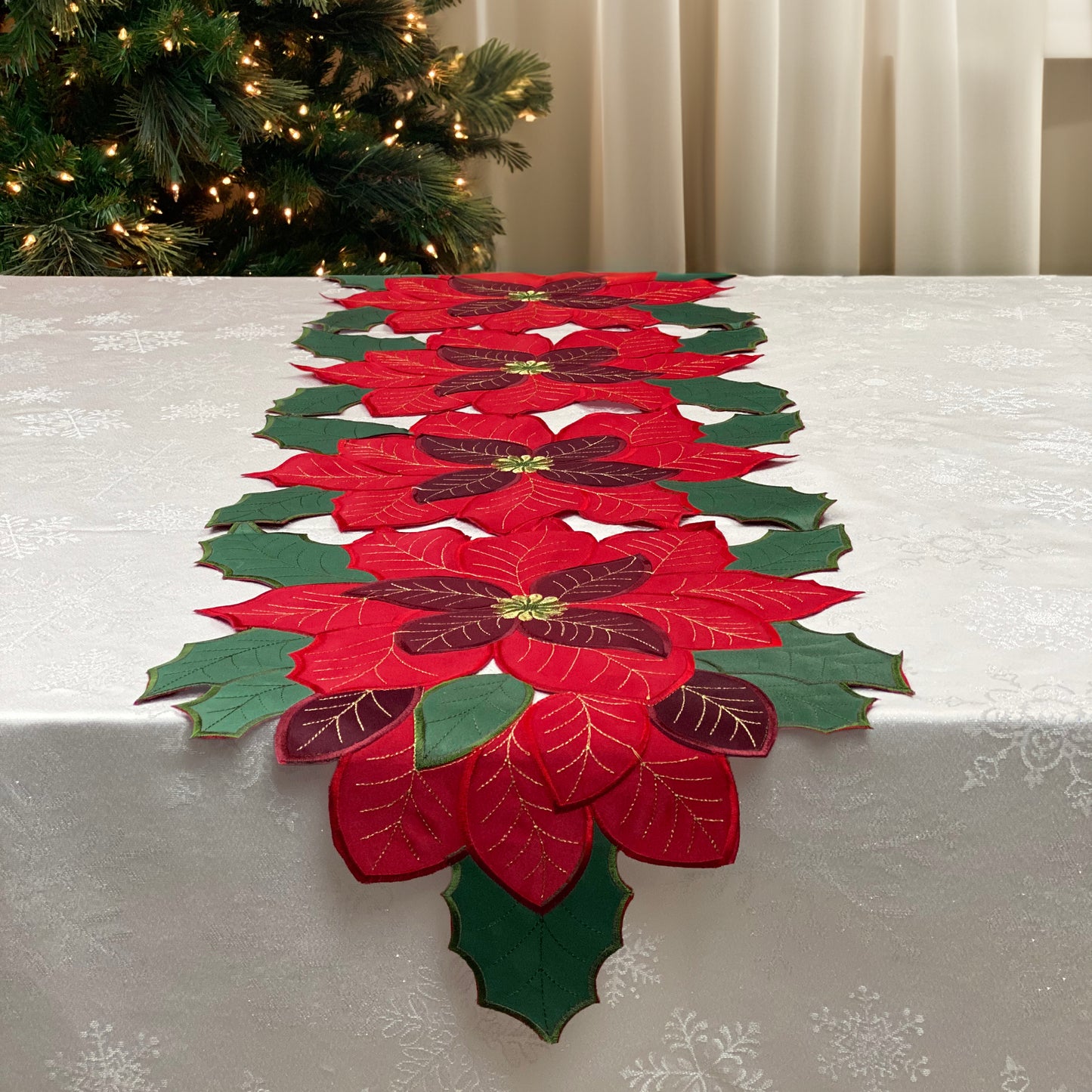 55-Inch Christmas Poinsettia Embroidered Cutwork Table Runner, Festive Red and Golden Spring New Year party Floral Centerpiece Décor