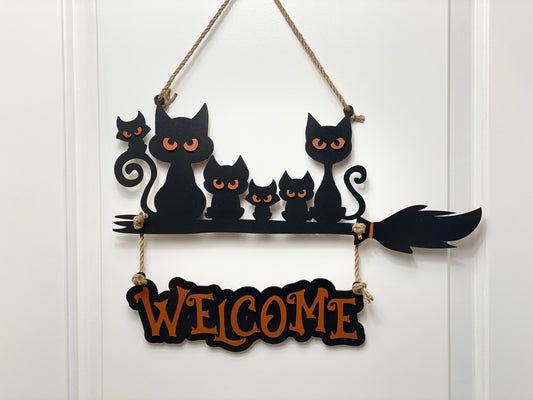 17 inch Halloween Black Cat Family On Broom Door Hanger, Custom 3D Wooden Halloween Welcome Door Sign, Halloween Fall Decor, Halloween Gift