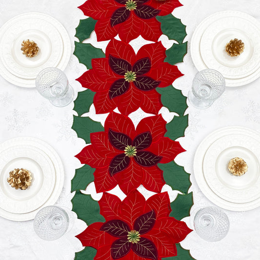 55-Inch Christmas Poinsettia Embroidered Cutwork Table Runner, Festive Red and Golden Spring New Year party Floral Centerpiece Décor