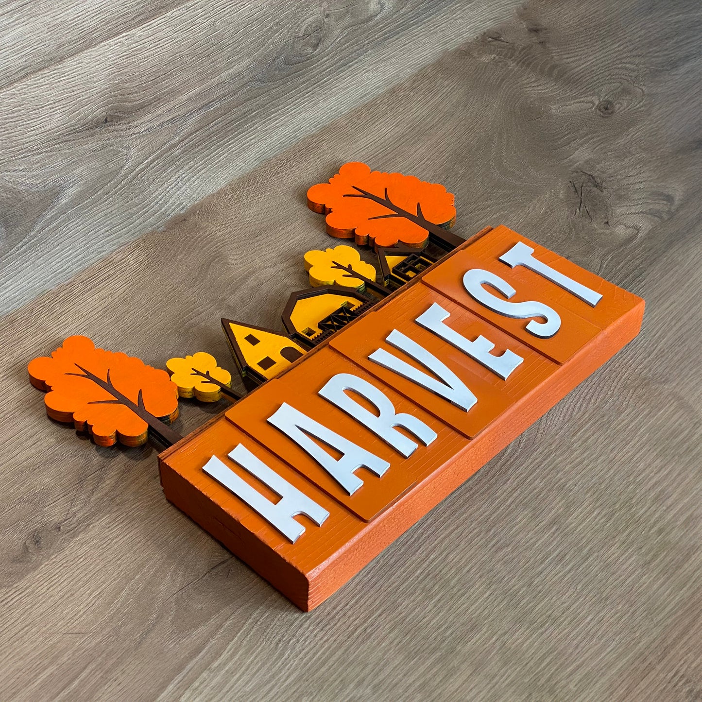 Wooden Fall Harvest Farmhouse and Tree Tabletop Decor. Wood Autumn Thanksgiving Halloween decoration, HARVEST Sign shelf sitter decor.