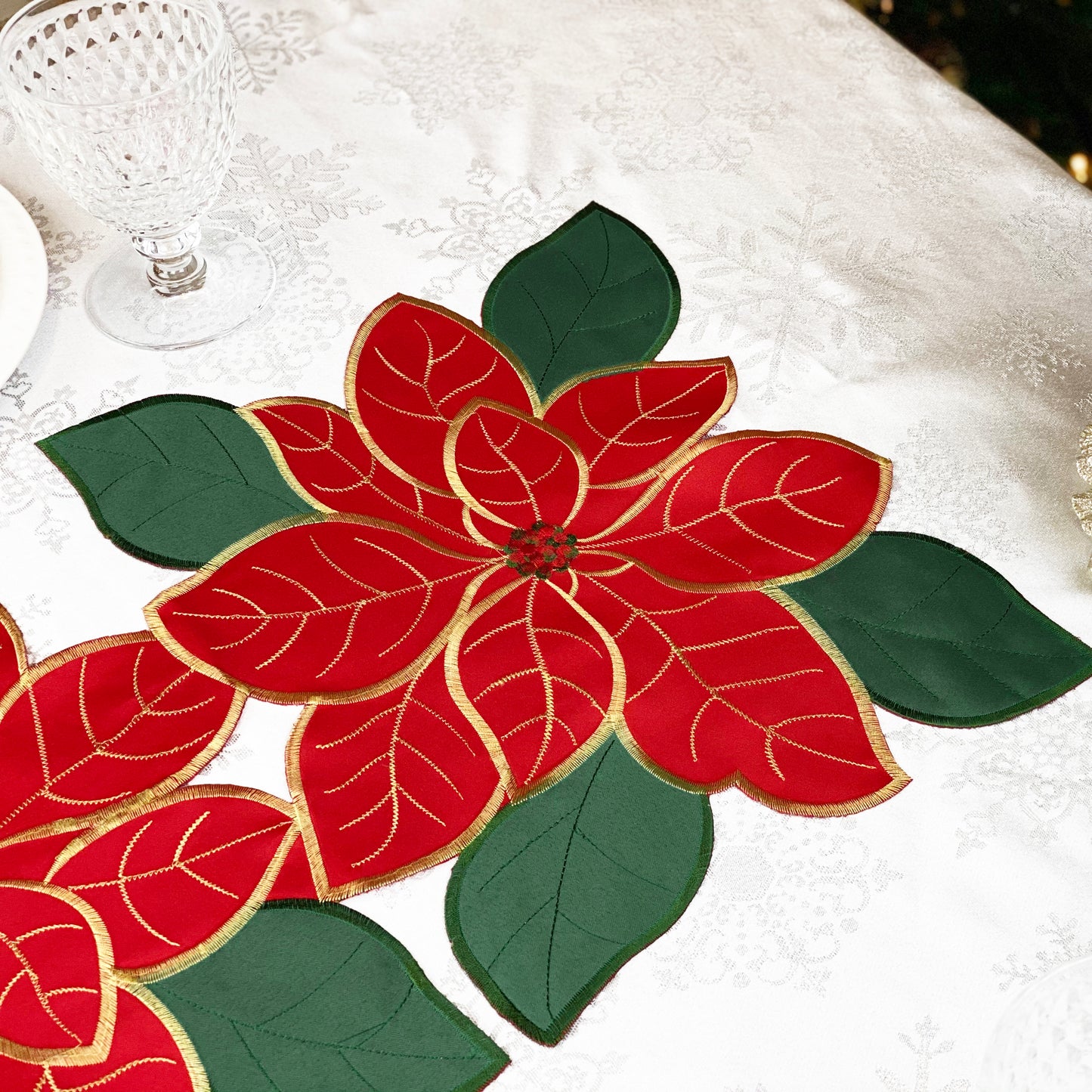 Christmas Poinsettia Embroidered Cutwork 54-Inch Table Runner, Festive Red and Golden Winter Holiday New Year Floral Centerpiece Decor